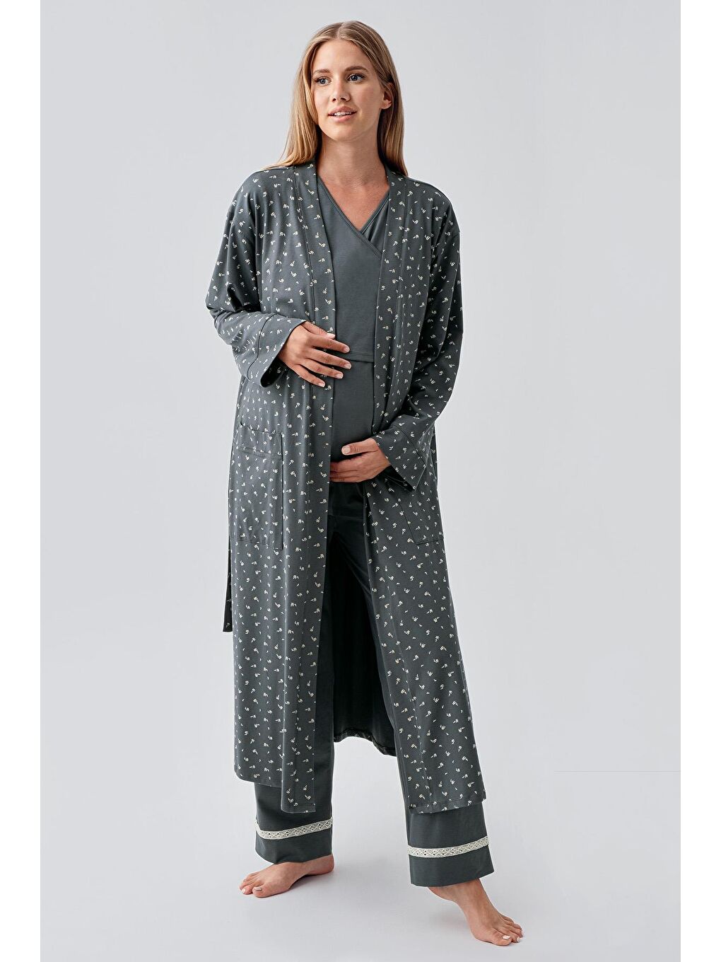 Yeşil Uzun Kollu Desenli Esnek Pamuklu Hamile Sabahlık Pijama Takım 18301-1