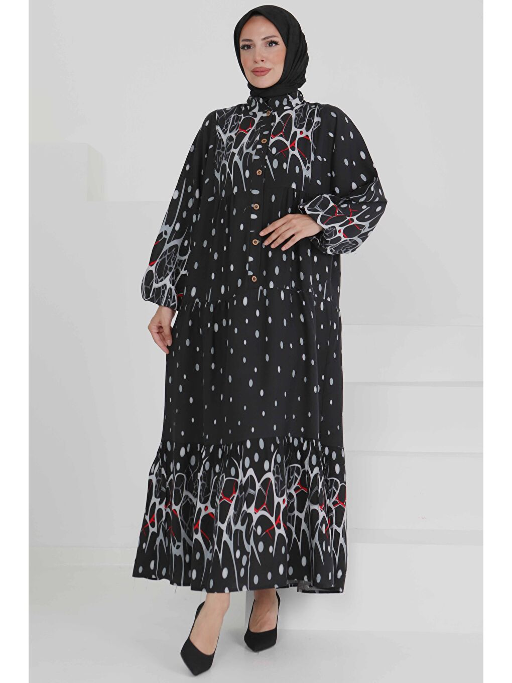 Desenli Düğmeli Elbise Gri - 27493-2