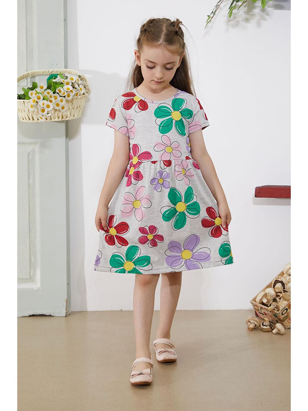 Gri Çiçek Baskılı Kısa Kollu Kız Çocuk Elbise 18796