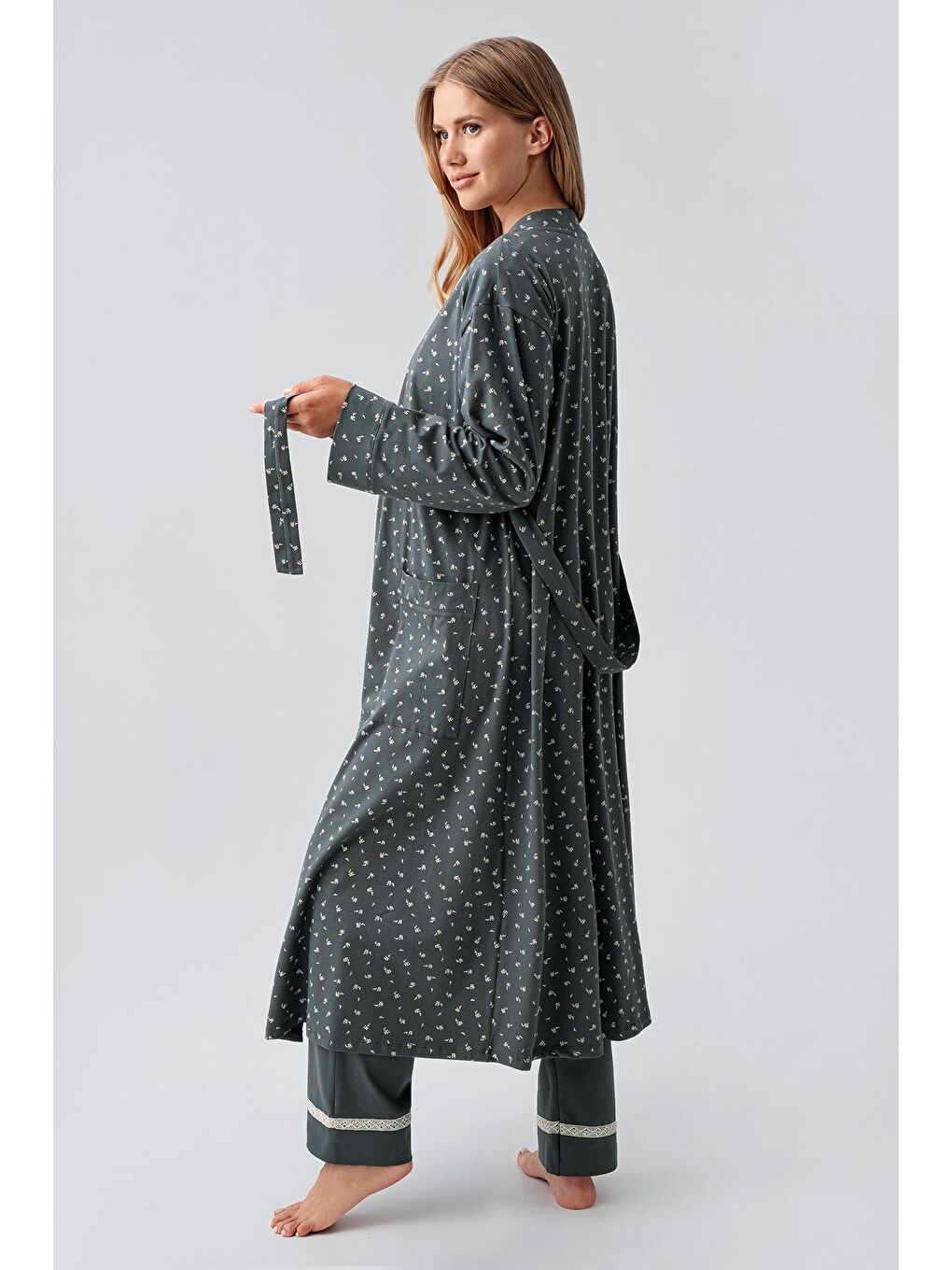 Yeşil Uzun Kollu Desenli Esnek Pamuklu Hamile Sabahlık Pijama Takım 18301-2