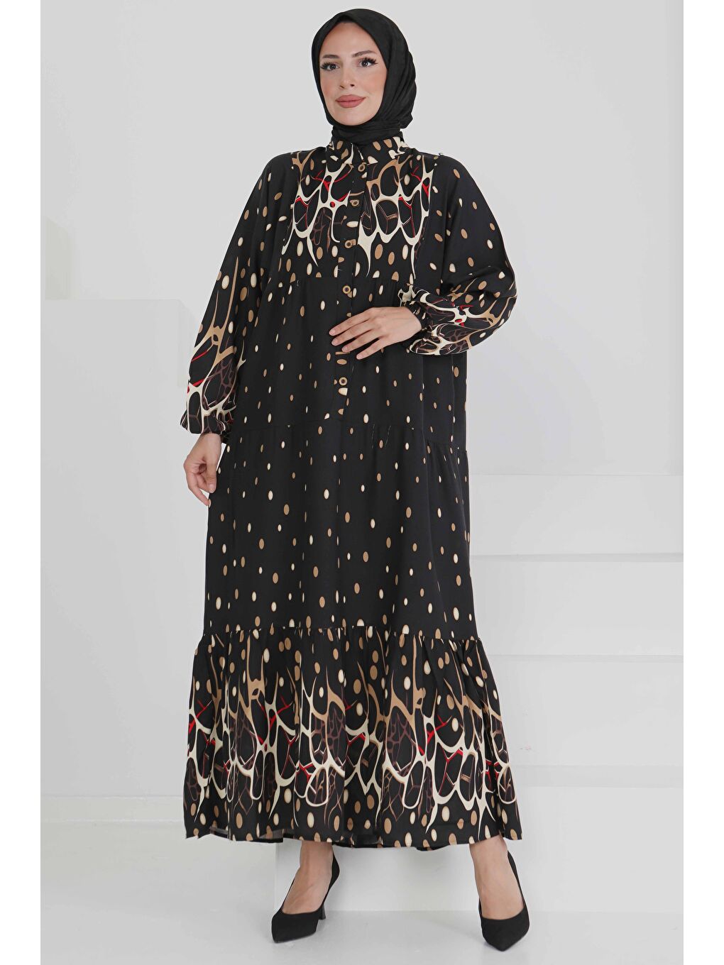 Desenli Düğmeli Elbise Bej - 27493