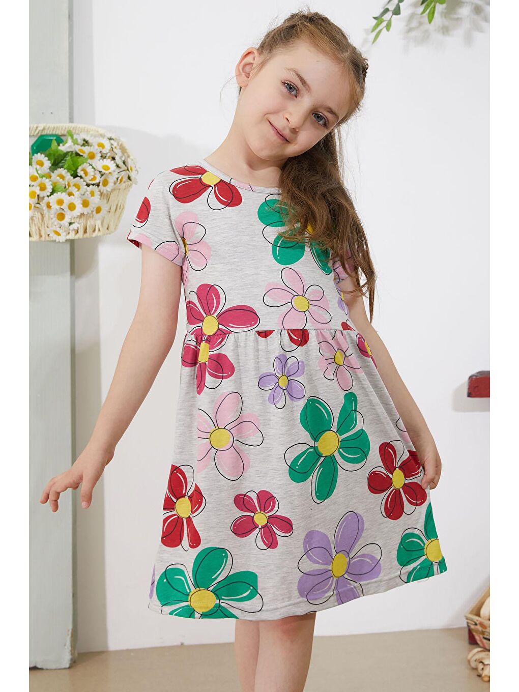 Gri Çiçek Baskılı Kısa Kollu Kız Çocuk Elbise 18796-1