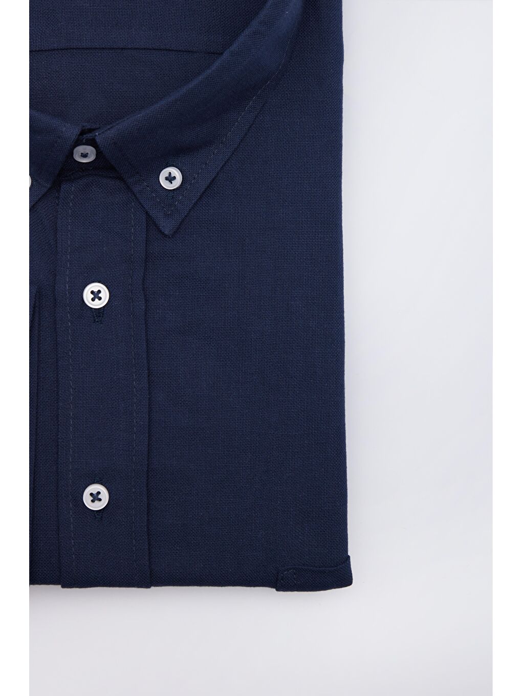 Erkek Big Size Büyük Beden Uzun Kollu %100 Pamuk Keten Doku Tek Cepli Lacivert Düğmeli Yaka Gömlek-3