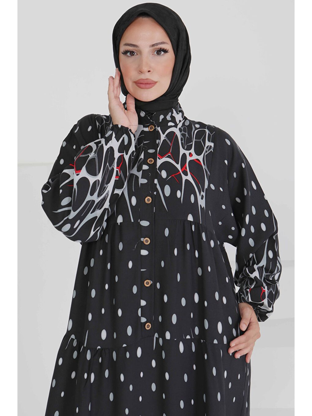 Desenli Düğmeli Elbise Gri - 27493-3