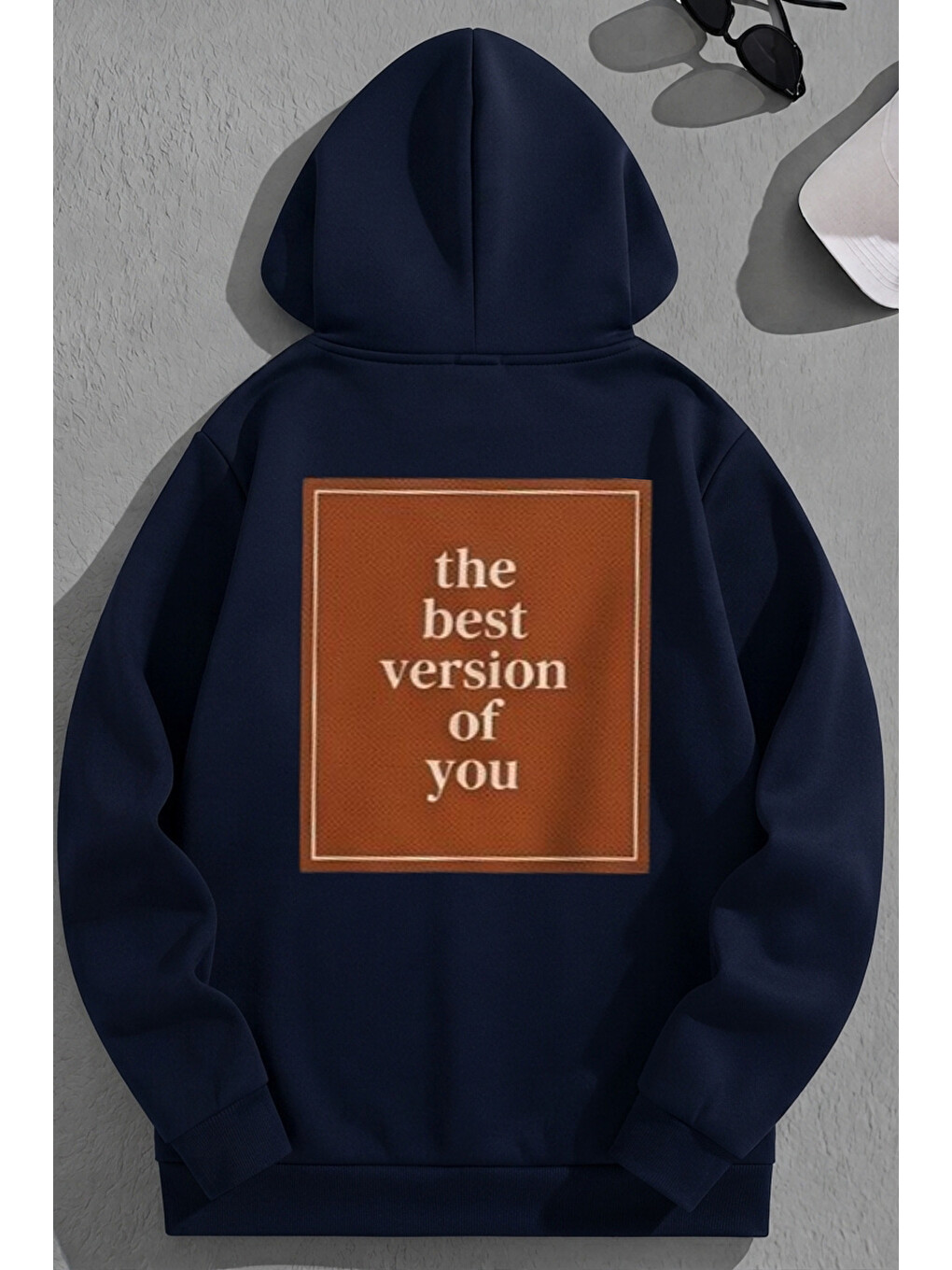 Unisex 3 İplik Pamuklu Lacivert Thebest Baskı Bol Kalıp Sweatshirt Hoodie