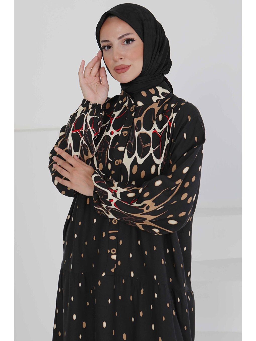 Desenli Düğmeli Elbise Bej - 27493-1