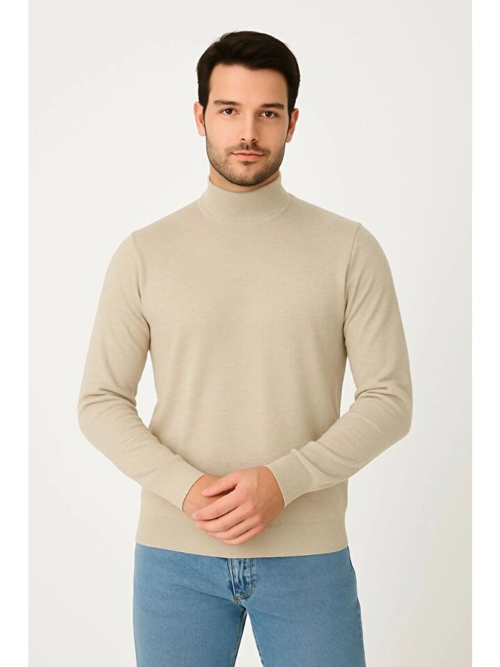 Bej Erkek Yarım Boğaz Triko Kazak