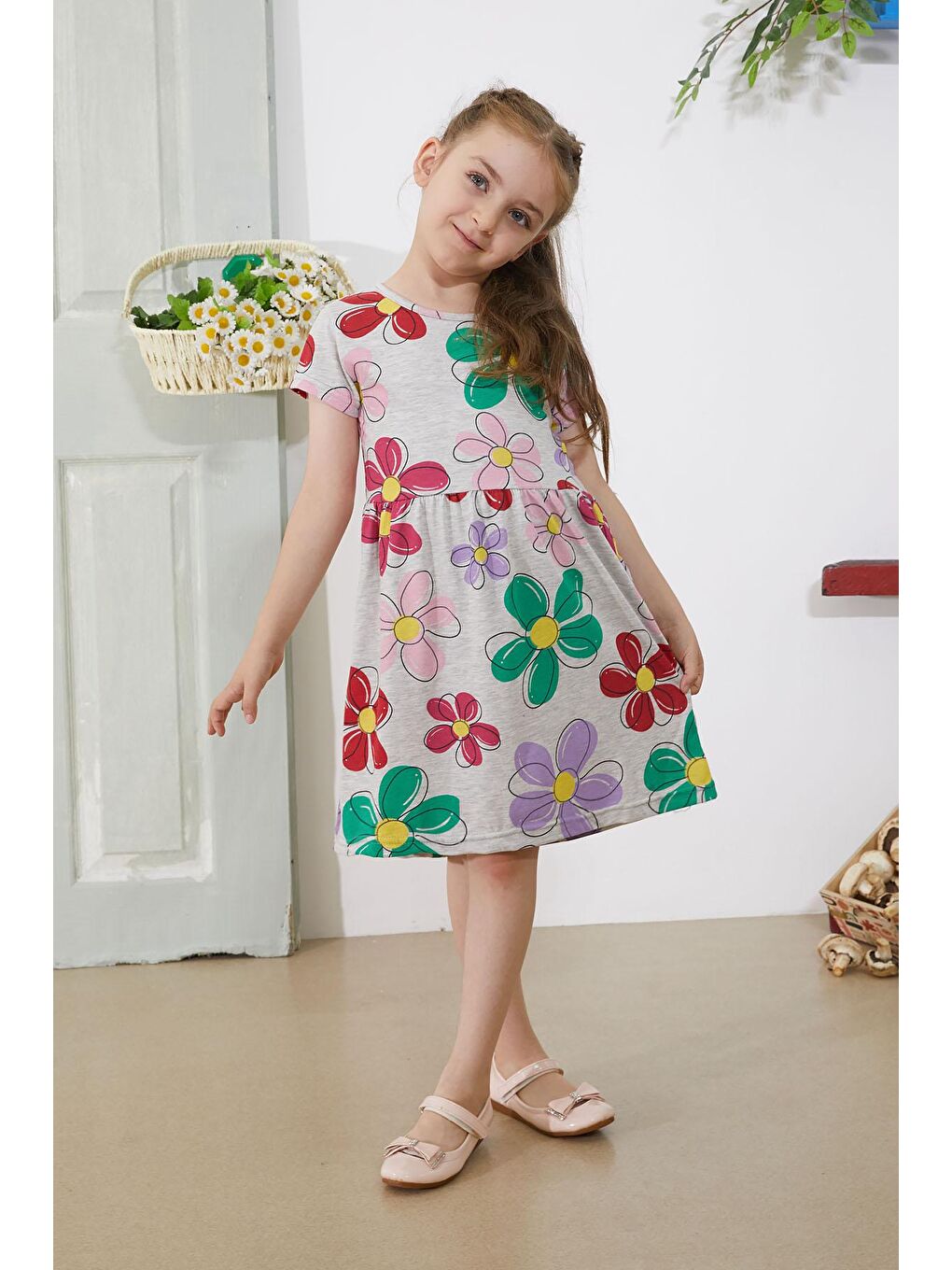 Gri Çiçek Baskılı Kısa Kollu Kız Çocuk Elbise 18796-3
