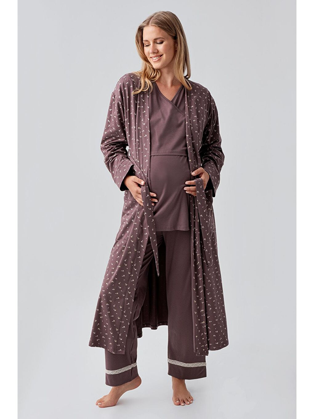 Kahverengi Uzun Kollu Desenli Esnek Pamuklu Hamile Sabahlık Pijama Takım 18301