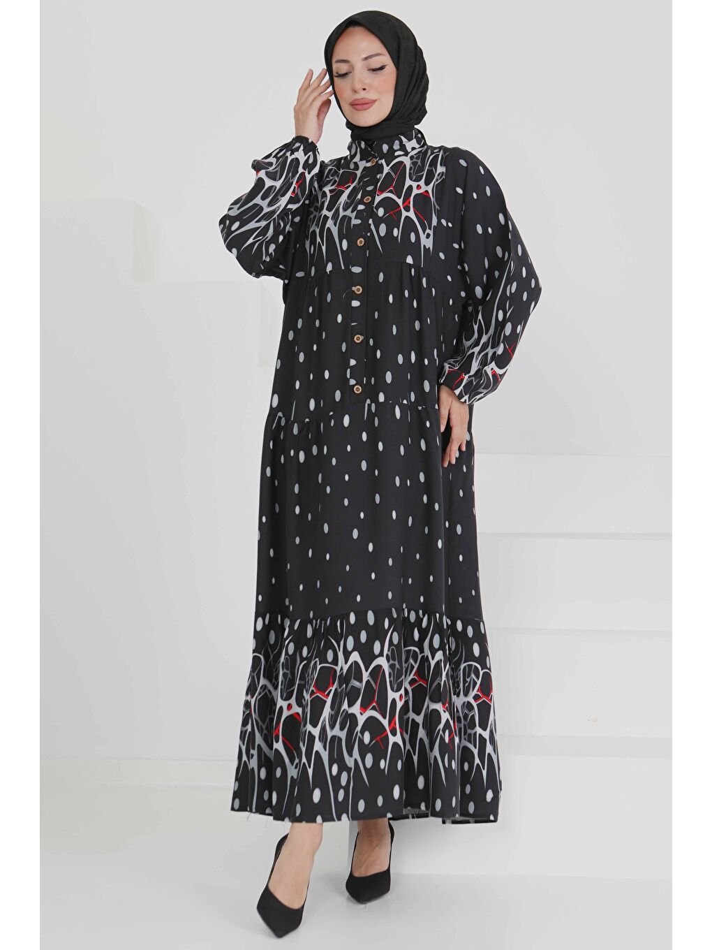 Desenli Düğmeli Elbise Gri - 27493-4