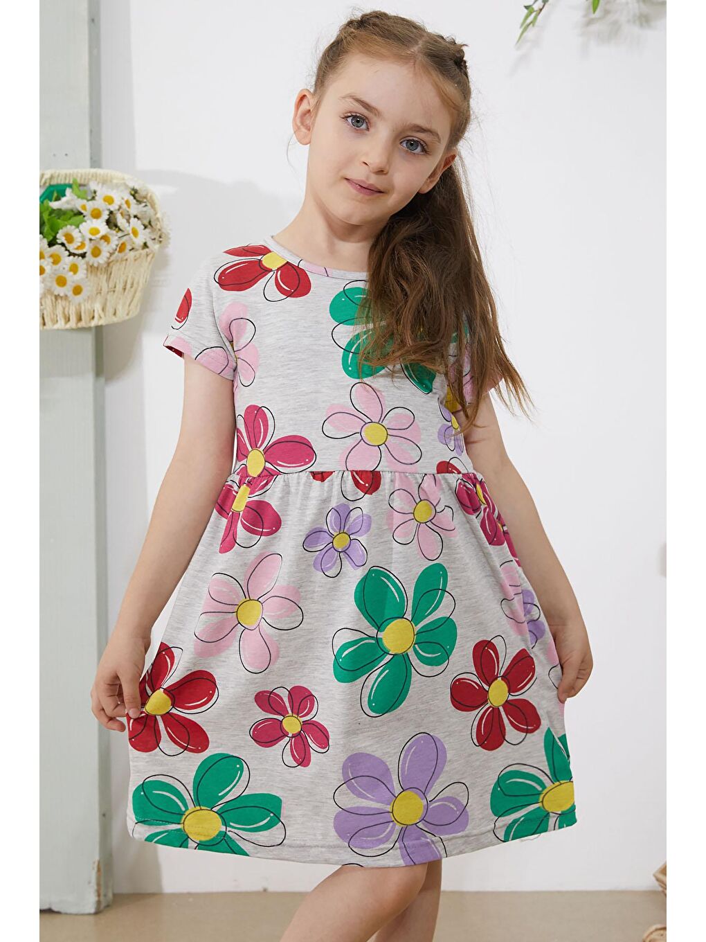 Gri Çiçek Baskılı Kısa Kollu Kız Çocuk Elbise 18796-4