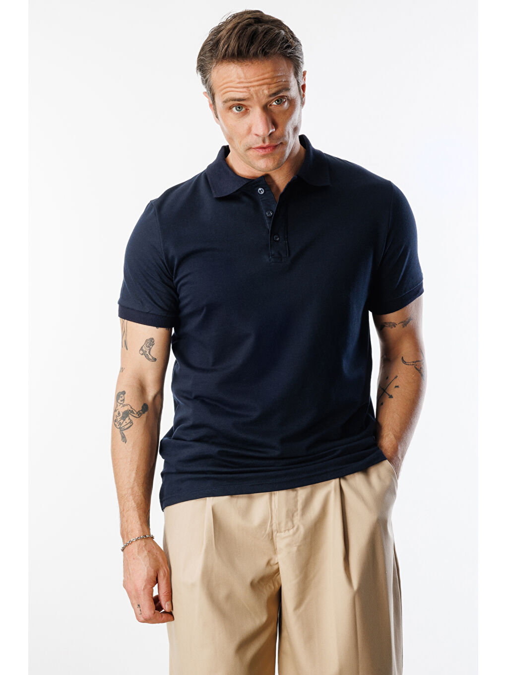 Lacivert Erkek 2'li Çekmeyen Pamuklu Kumaş Regular Fit Standart Kesim Polo Yaka Tişört POLOYAKA-T-SHIRT2-1