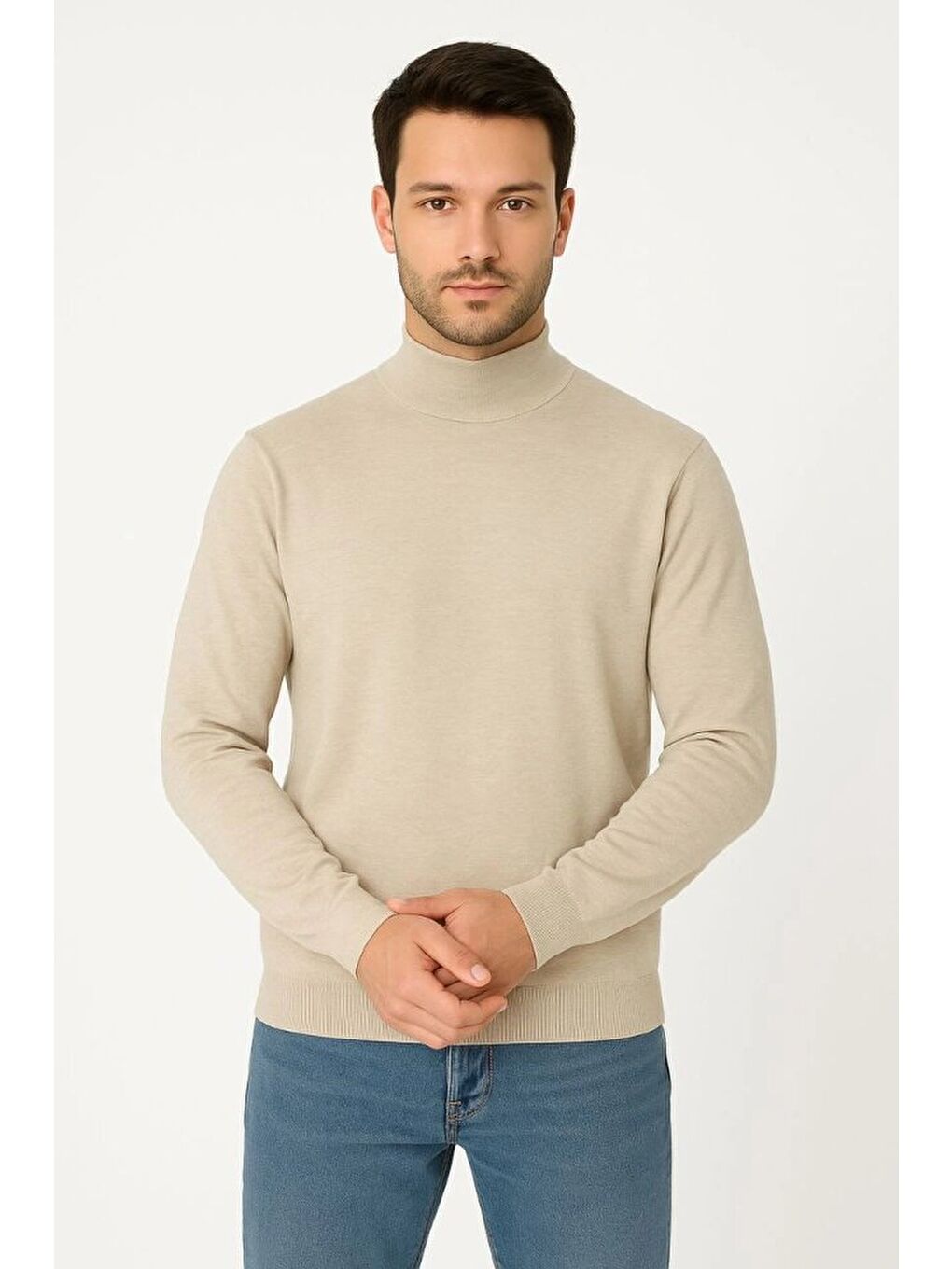 Bej Erkek Yarım Boğaz Triko Kazak-1