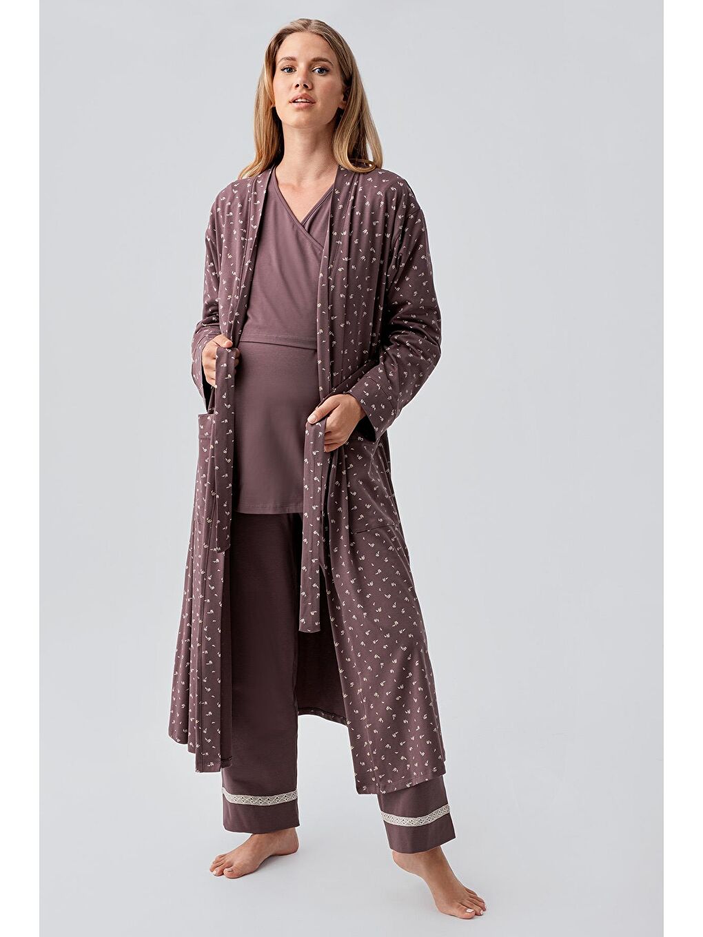 Kahverengi Uzun Kollu Desenli Esnek Pamuklu Hamile Sabahlık Pijama Takım 18301-1