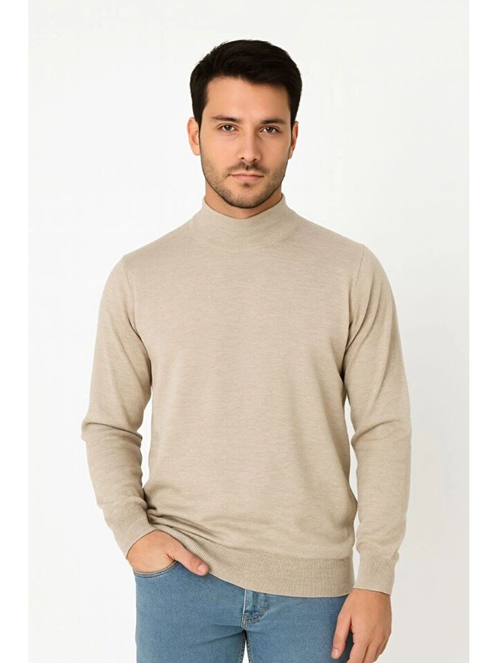 Bej Erkek Yarım Boğaz Triko Kazak-2