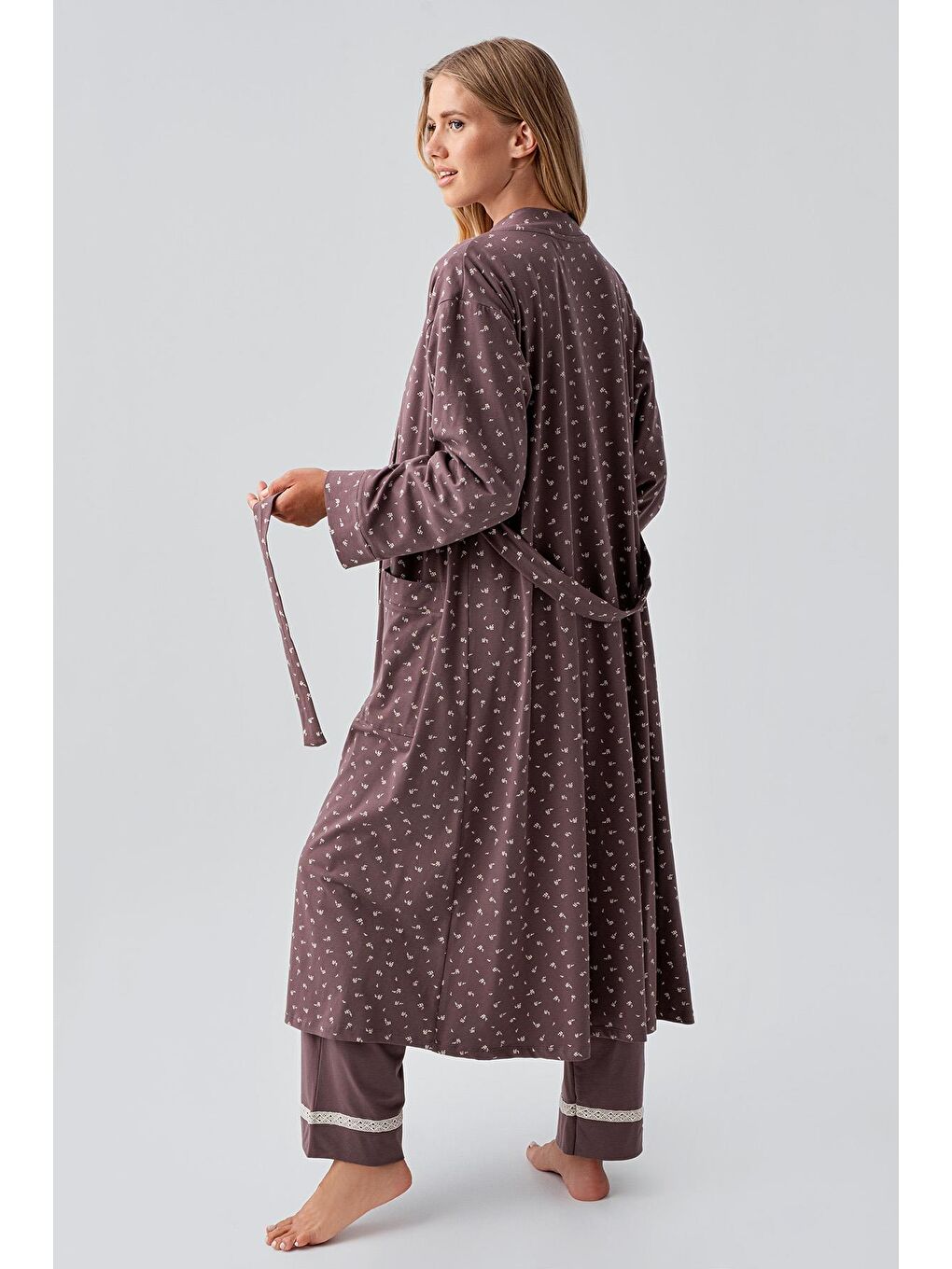 Kahverengi Uzun Kollu Desenli Esnek Pamuklu Hamile Sabahlık Pijama Takım 18301-2