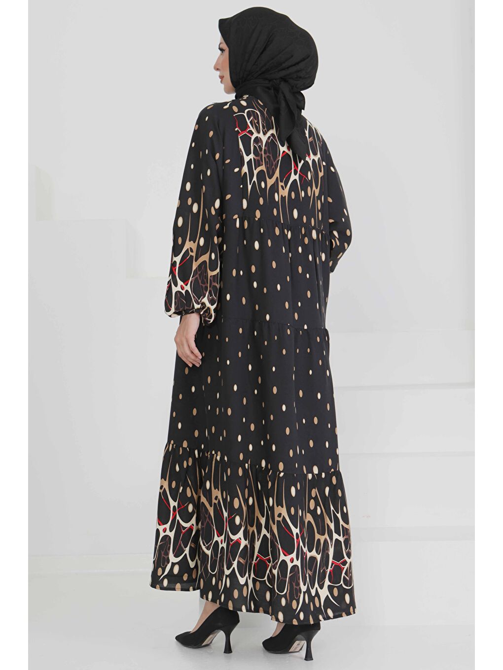 Desenli Düğmeli Elbise Bej - 27493-3