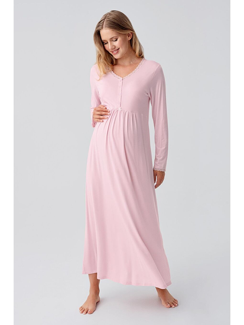 Pembe Uzun Kollu Düğmeli Esnek Viskoz Hamile Sabahlık Gecelik Takım 18402-1
