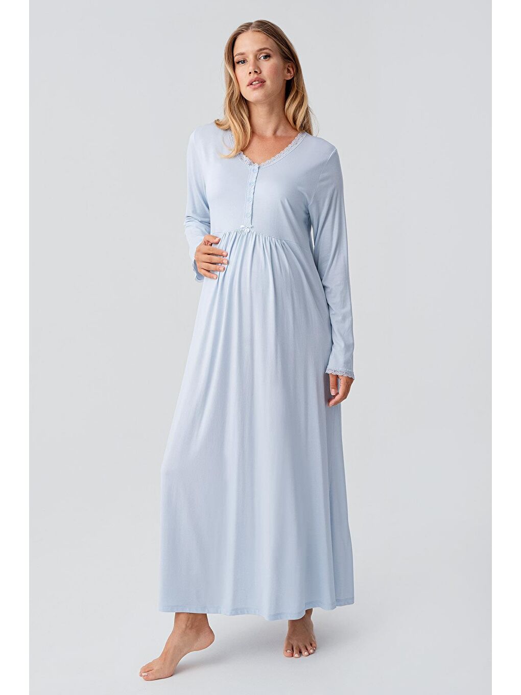Mavi Uzun Kollu Düğmeli Esnek Viskoz Hamile Sabahlık Gecelik Takım 18402-1