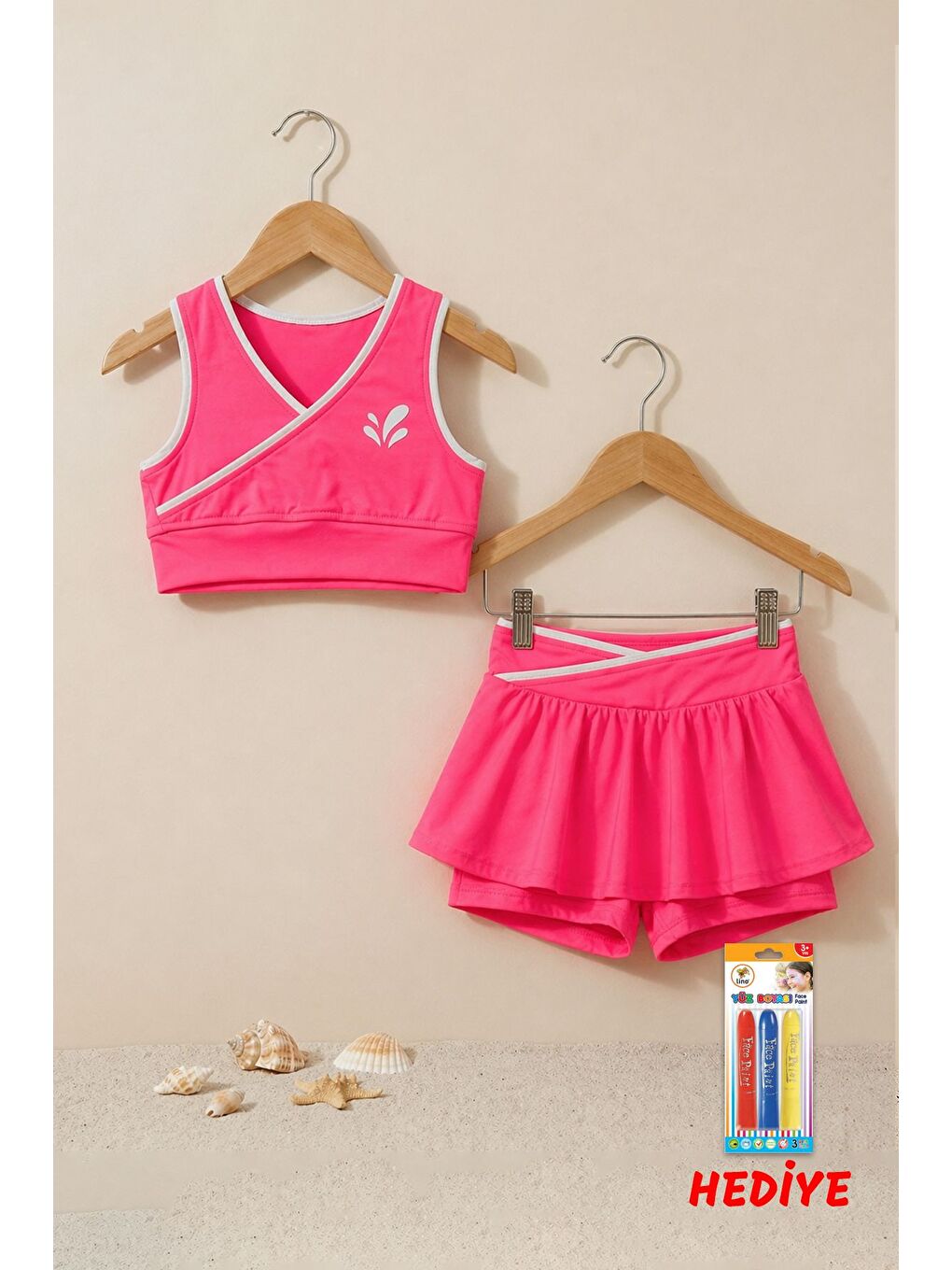 Kız Çocuk Sportif Fuşya Renk Crop - Şort Etek Alt Üst - Takım