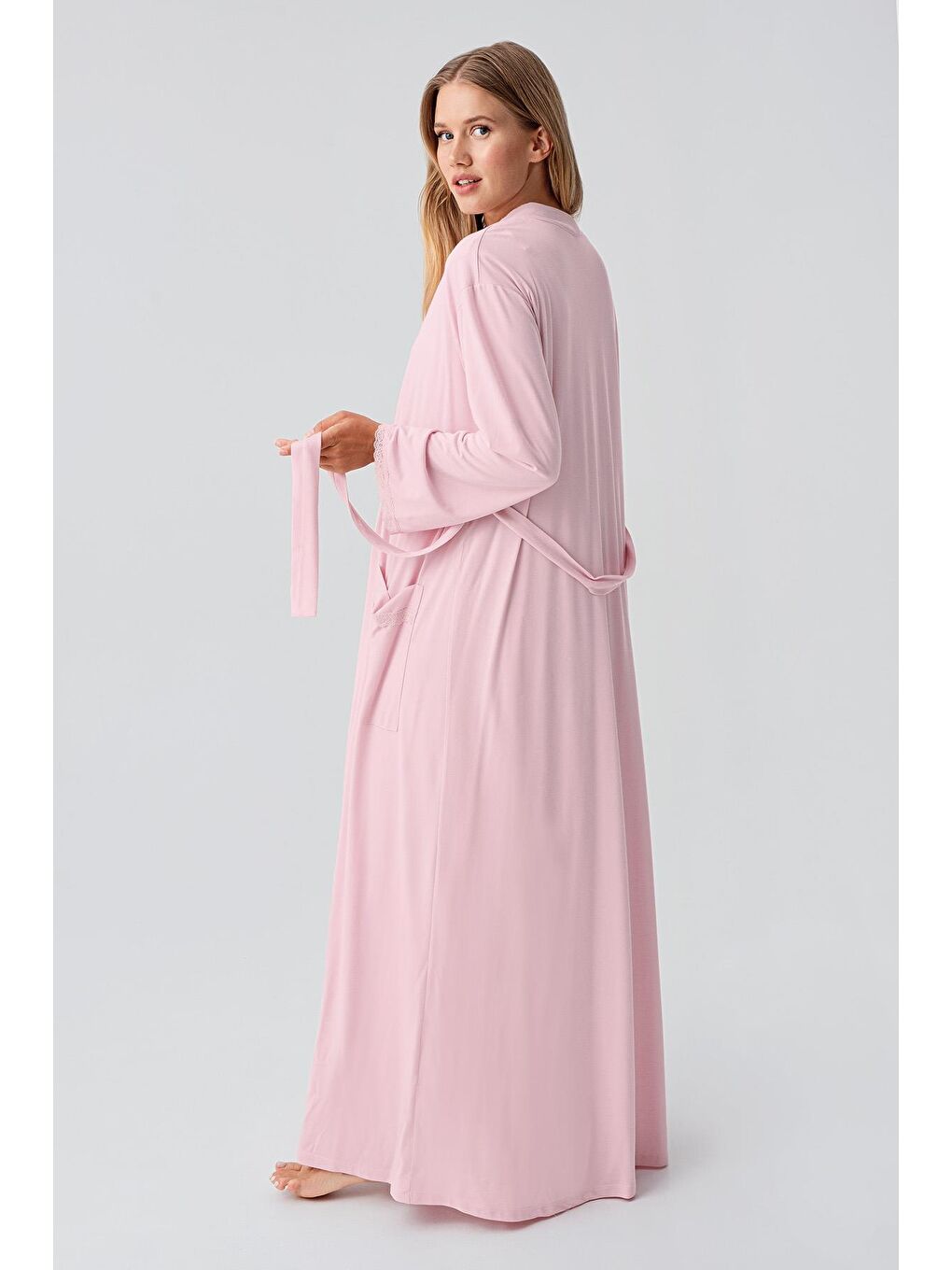 Pembe Uzun Kollu Düğmeli Esnek Viskoz Hamile Sabahlık Gecelik Takım 18402-2