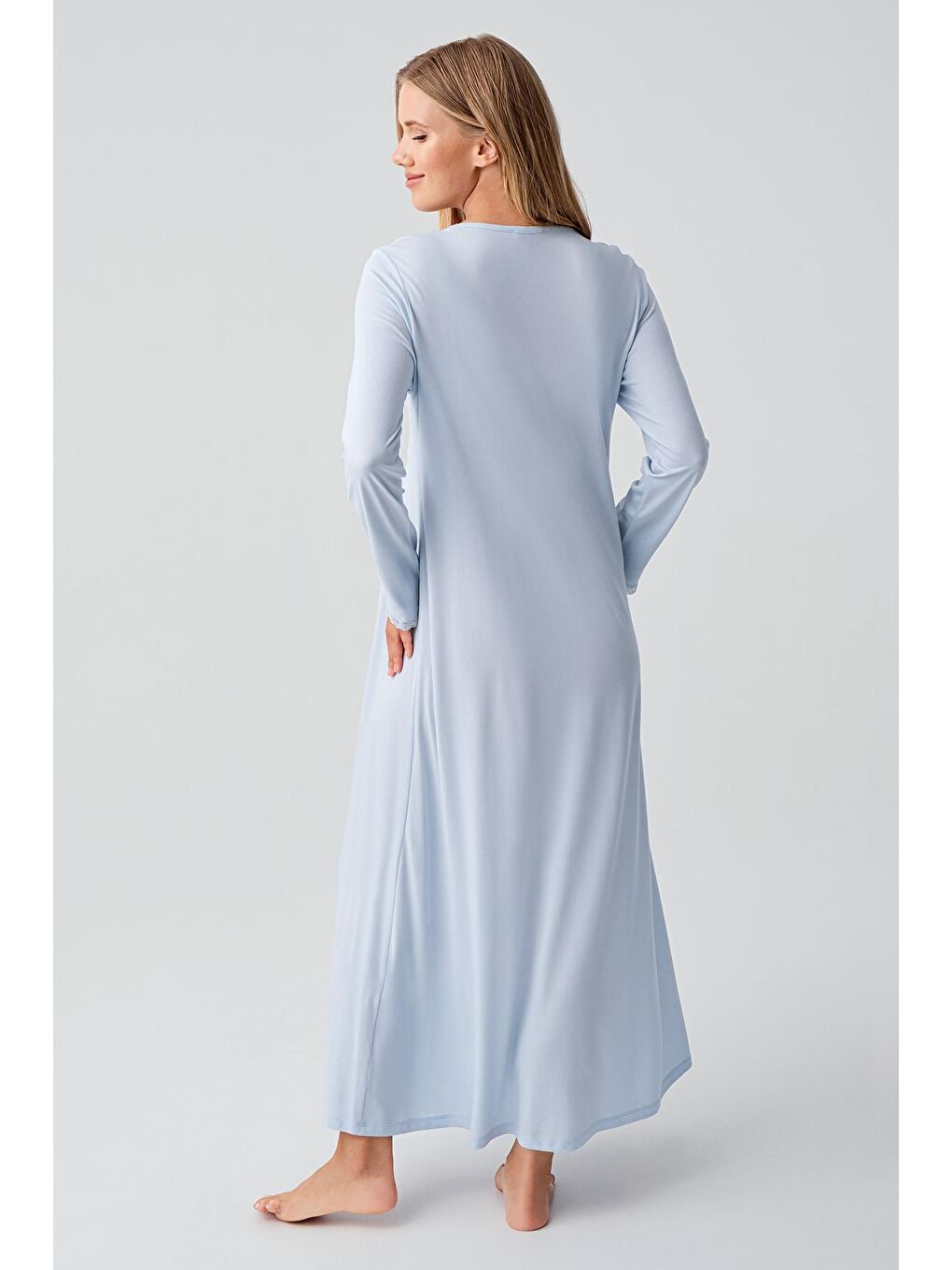 Mavi Uzun Kollu Düğmeli Esnek Viskoz Hamile Sabahlık Gecelik Takım 18402-2