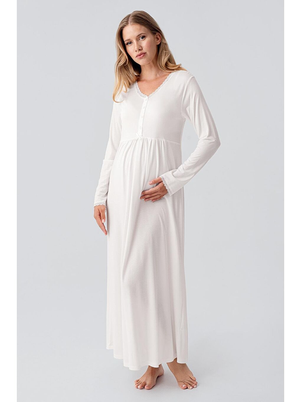Ekru Uzun Kollu Düğmeli Esnek Viskoz Hamile Sabahlık Gecelik Takım 18402-1
