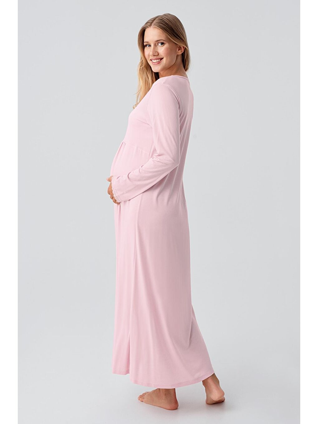 Pembe Uzun Kollu Düğmeli Esnek Viskoz Hamile Sabahlık Gecelik Takım 18402-3