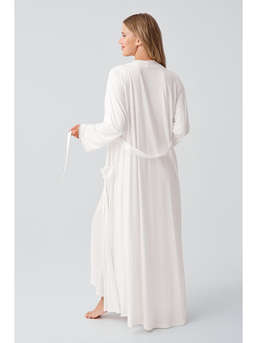 Ekru Uzun Kollu Düğmeli Esnek Viskoz Hamile Sabahlık Gecelik Takım 18402-2