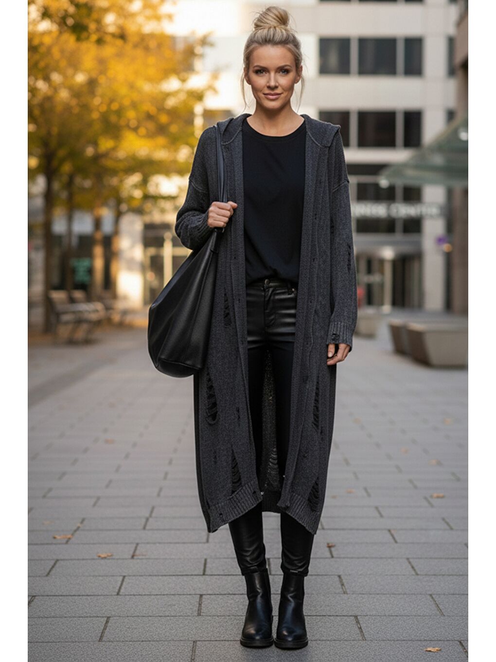 Antrasit Kapüşonlu Uzun Kol Düğmeli Yıkamalı Ve Pis Dikişli Casual Triko Hırka 110 65