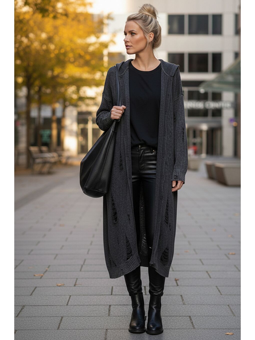 Antrasit Kapüşonlu Uzun Kol Düğmeli Yıkamalı Ve Pis Dikişli Casual Triko Hırka 110 65-1