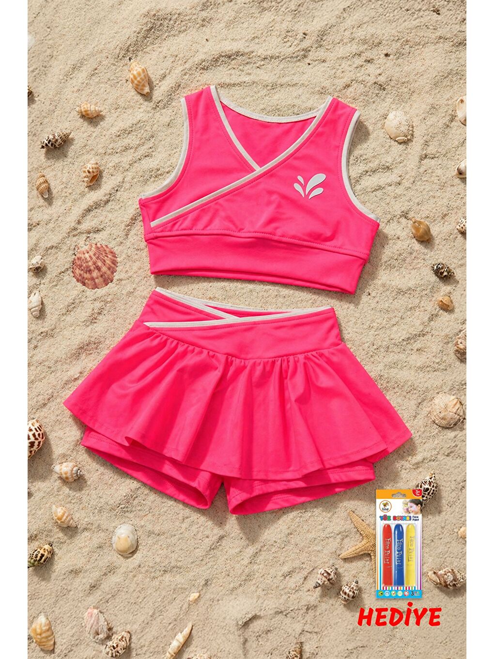 Kız Çocuk Sportif Fuşya Renk Crop - Şort Etek Alt Üst - Takım-5