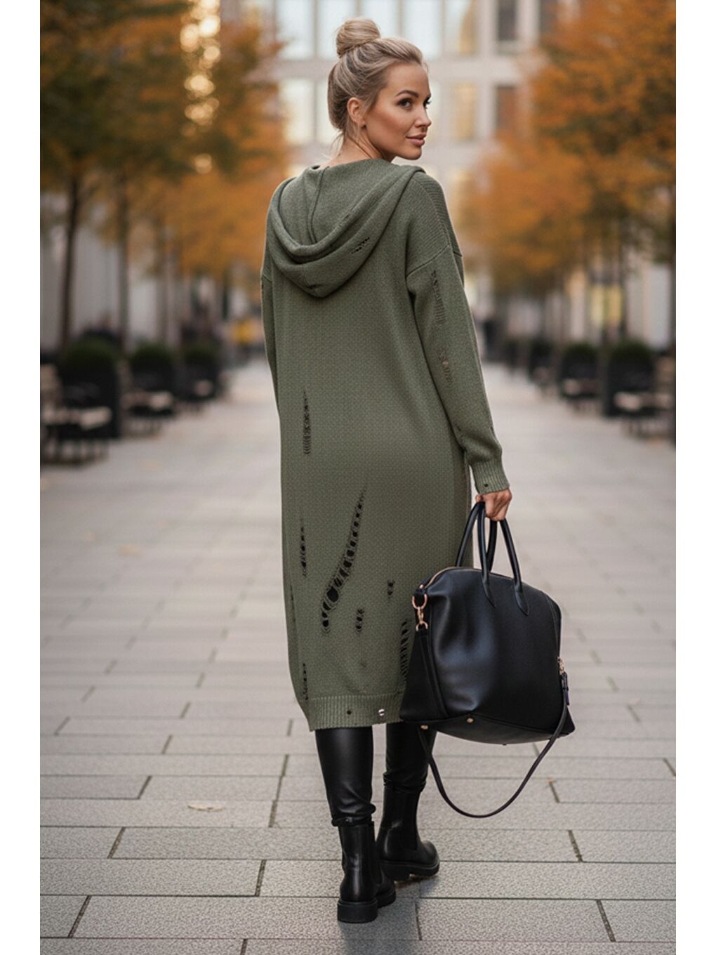 Haki Kapüşonlu Uzun Kol Düğmeli Yıkamalı Ve Pis Dikişli Casual Triko Hırka 110 65-2