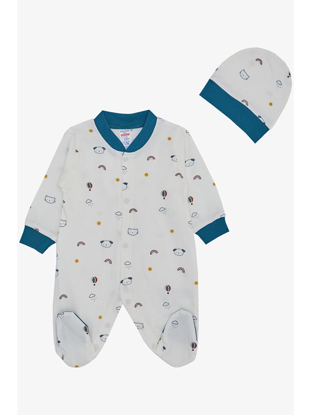 Erkek Bebek Patikli Tulum Gökyüzü Temalı Hayvancık Desenli Ekru (4-6 Ay)