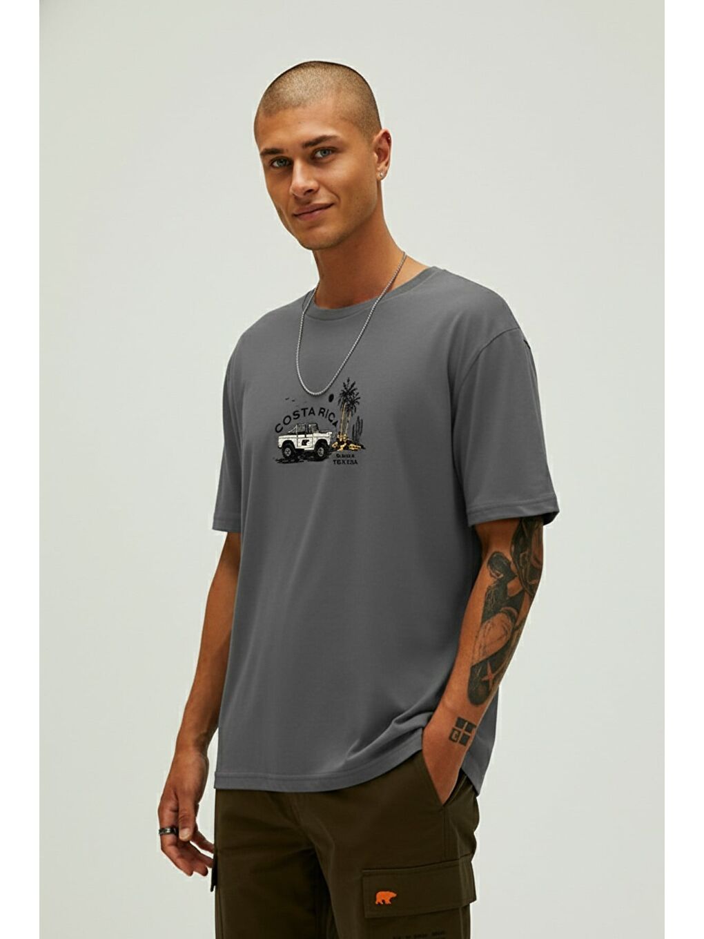 Gri Costarıca Asfalt Erkek Baskılı Tişört-1
