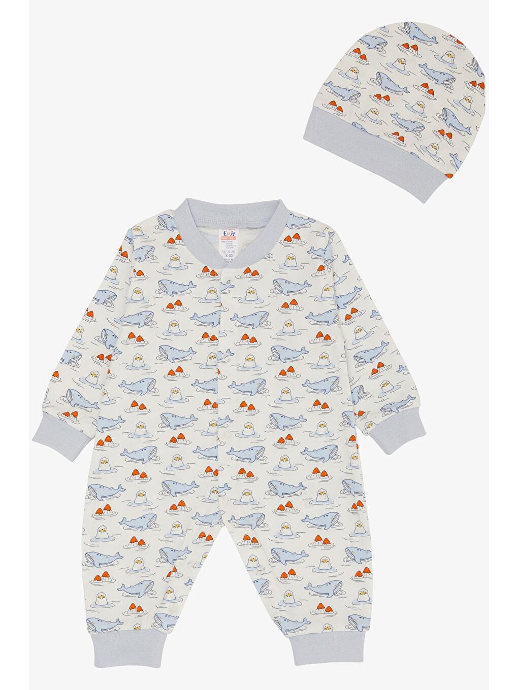Erkek Bebek Tulum Sevimli Deniz Dostları Balina&Fok Balığı Desenli Beyaz (0-6 Ay)