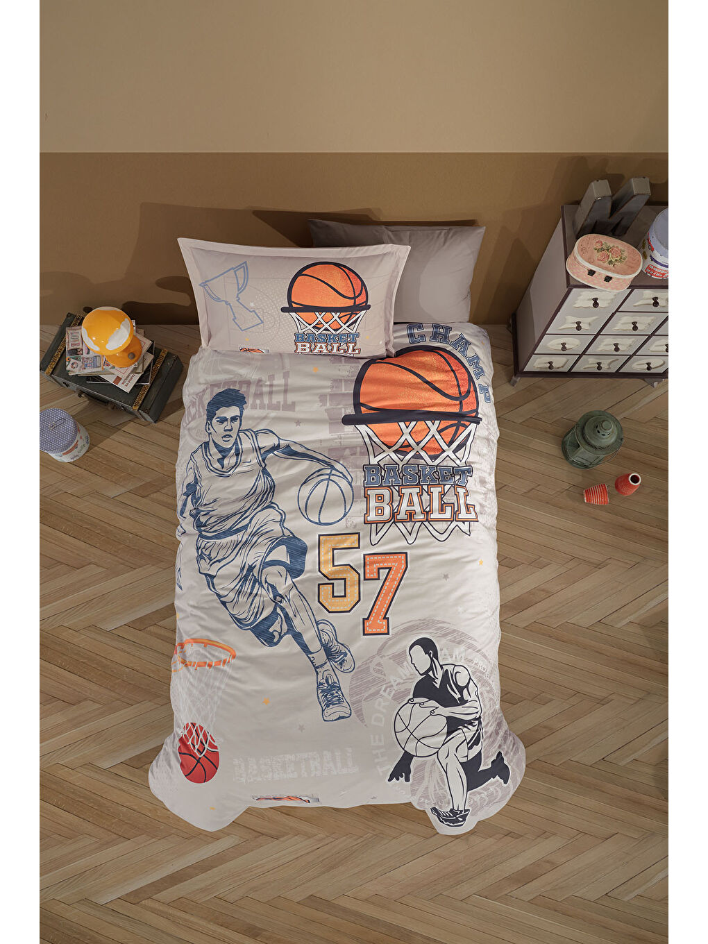 Bej %100 Pamuk Nevresim Takımı Tek Kişilik Basketball