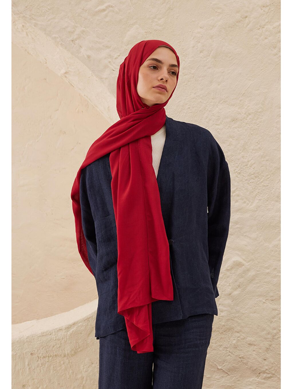 Kırmızı Rami Viskon Şal Vişne-3