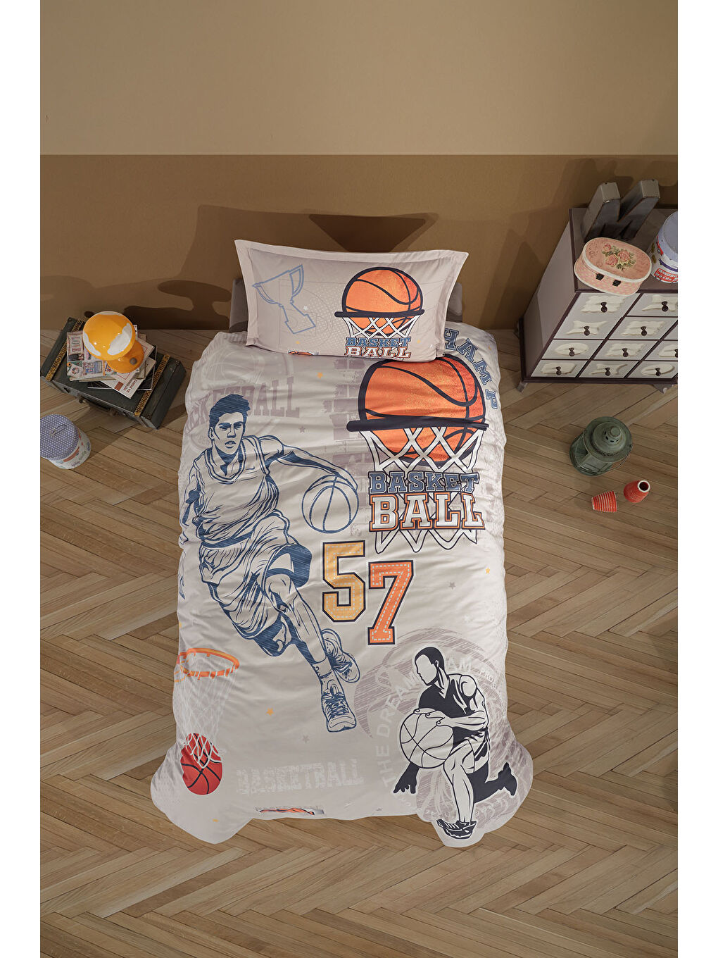 Bej %100 Pamuk Nevresim Takımı Tek Kişilik Basketball-1