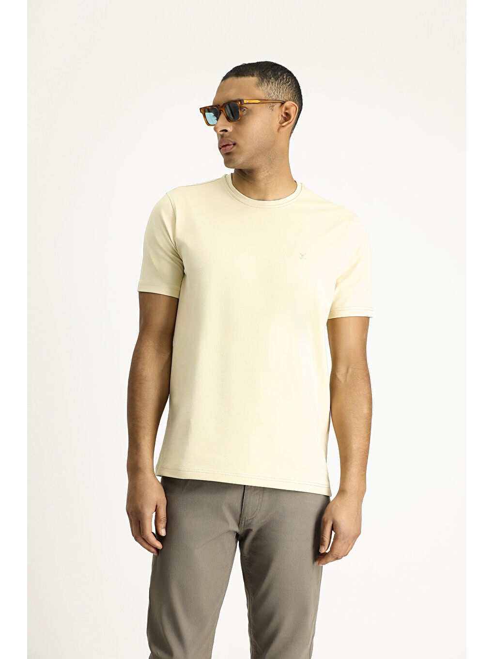 Bej Bisiklet Yaka Slim Fit Dar Kesim Süprem Pamuklu Tişört-2