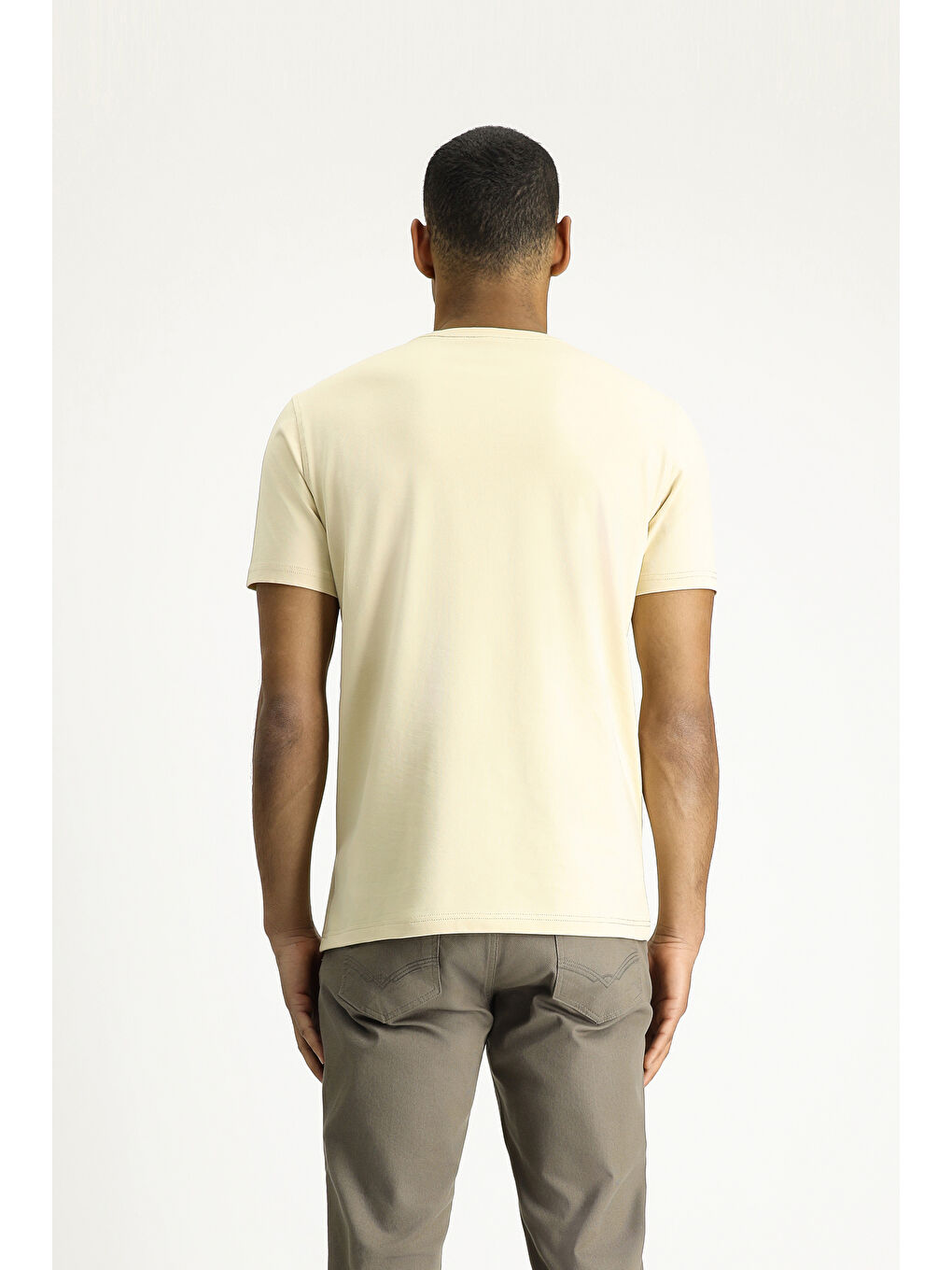 Bej Bisiklet Yaka Slim Fit Dar Kesim Süprem Pamuklu Tişört-3