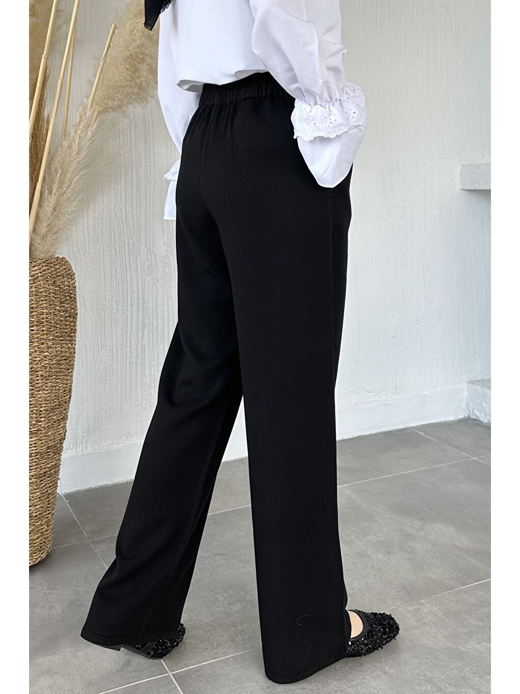 Siyah Bel Lastikli Kumaş Tesettür Pantolon-9