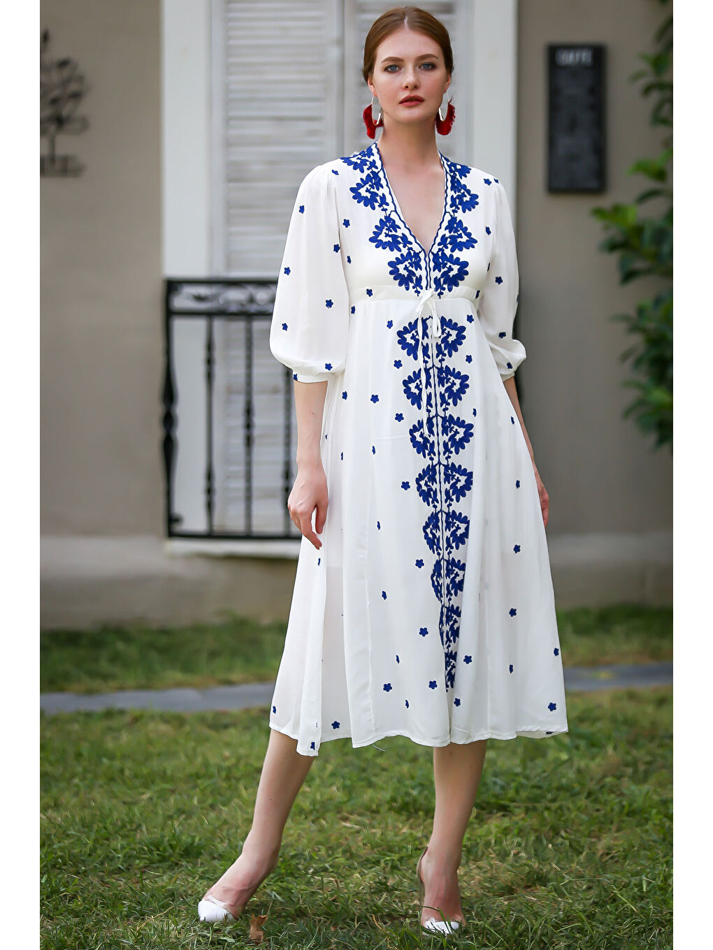 Beyaz Bohem Nakışlı Dokuma Elbise-2