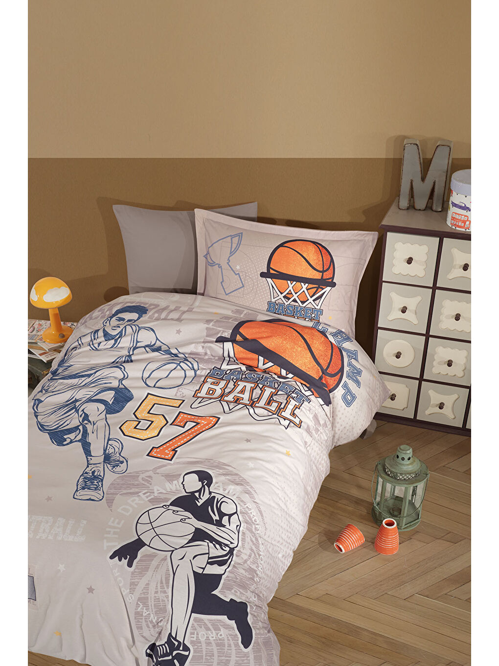 Bej %100 Pamuk Nevresim Takımı Tek Kişilik Basketball-2