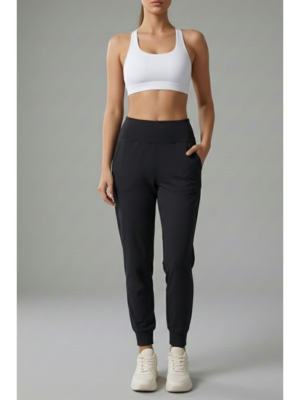 Siyah Kadın Eşofman Yüksek Bel Jogger Scuba Kumaş Cepli Rahat Kesim Jogger Eşofman Altı-1