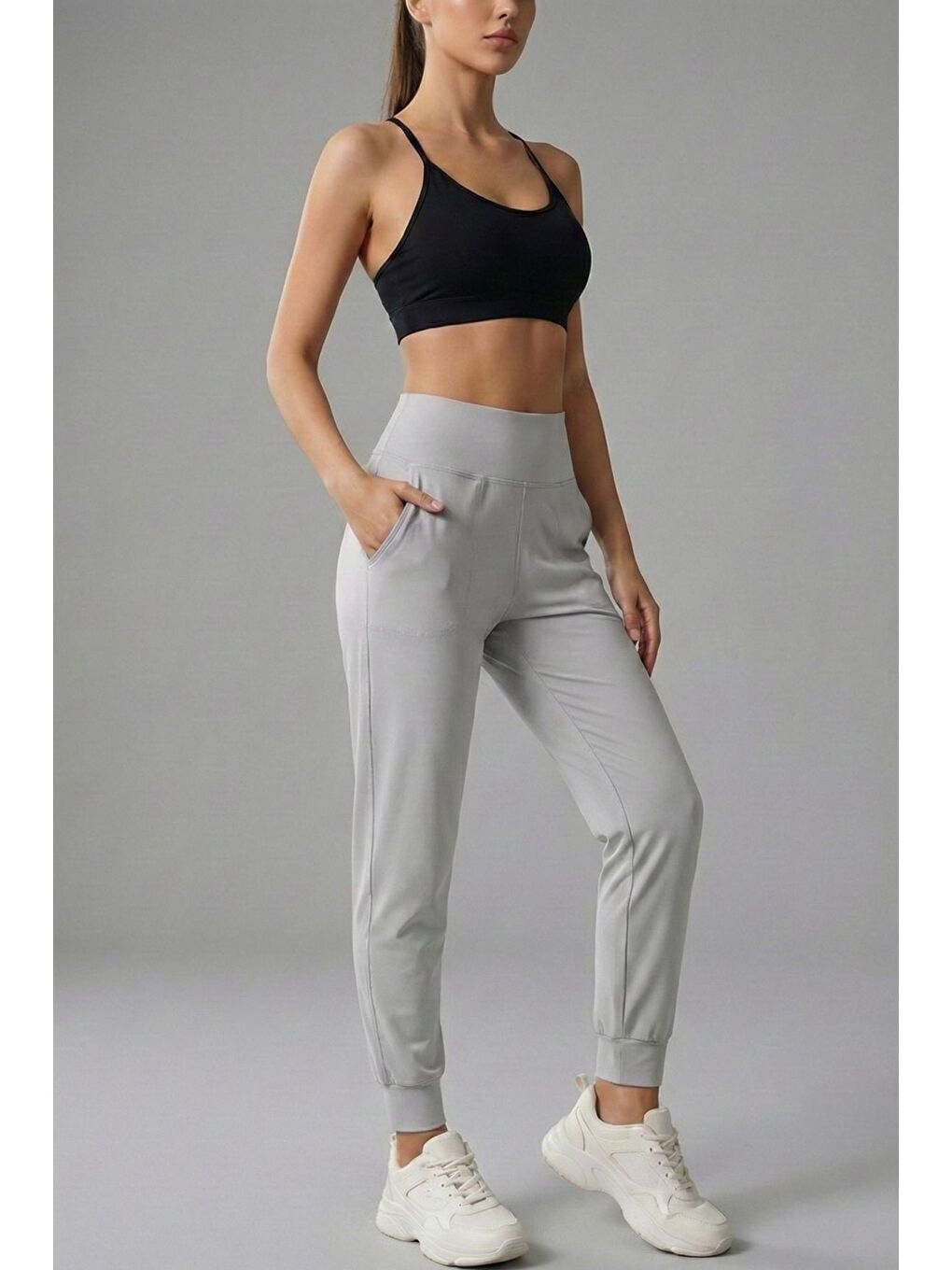 Gri Kadın Eşofman Yüksek Bel Jogger Scuba Kumaş Cepli Rahat Kesim Jogger Eşofman Altı