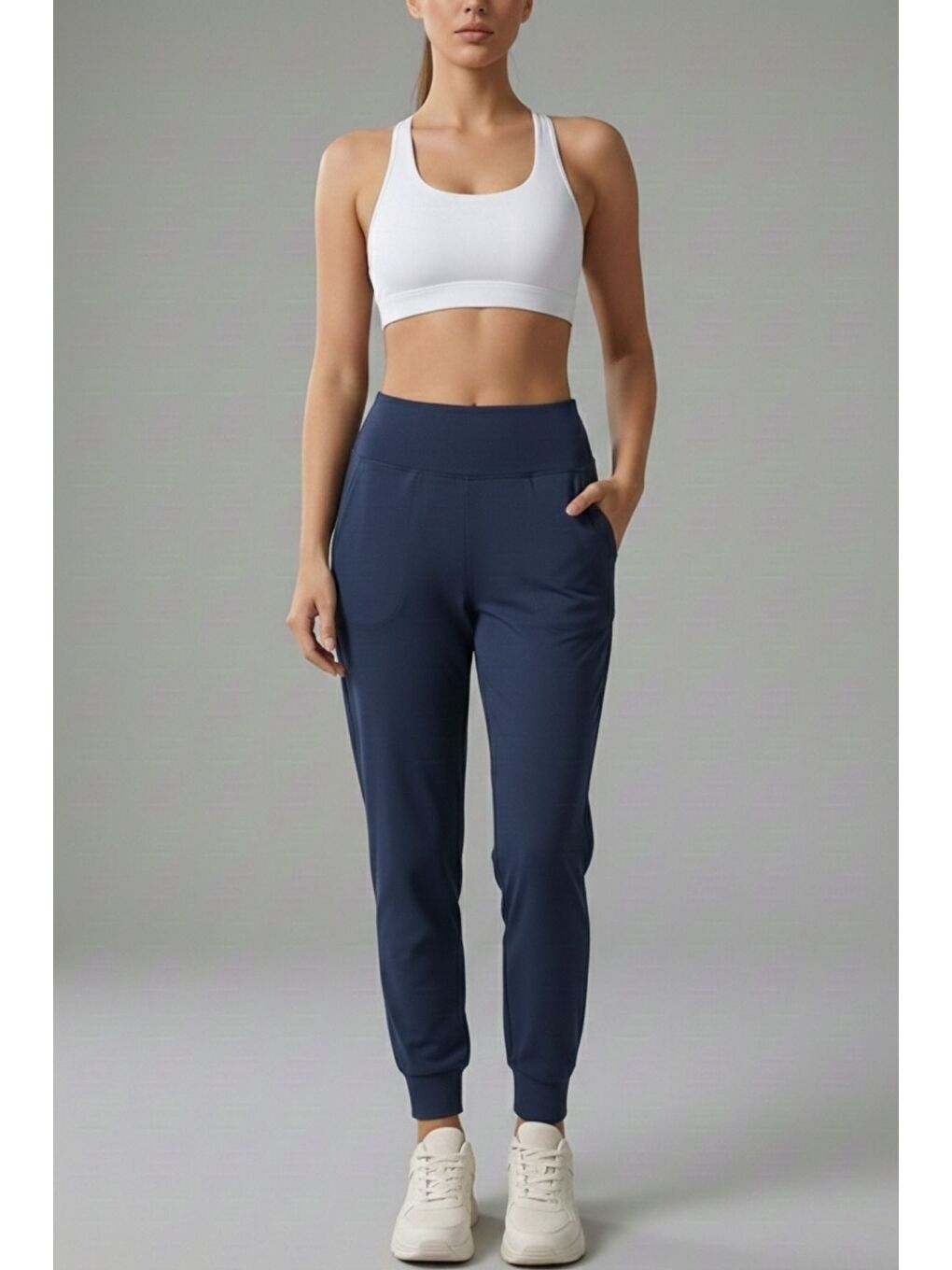 Lacivert Kadın Eşofman Yüksek Bel Jogger Scuba Kumaş Cepli Rahat Kesim Jogger Eşofman Altı-1