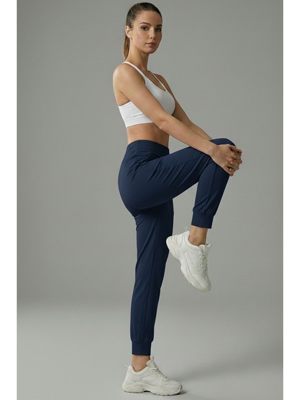 Lacivert Kadın Eşofman Yüksek Bel Jogger Scuba Kumaş Cepli Rahat Kesim Jogger Eşofman Altı-2