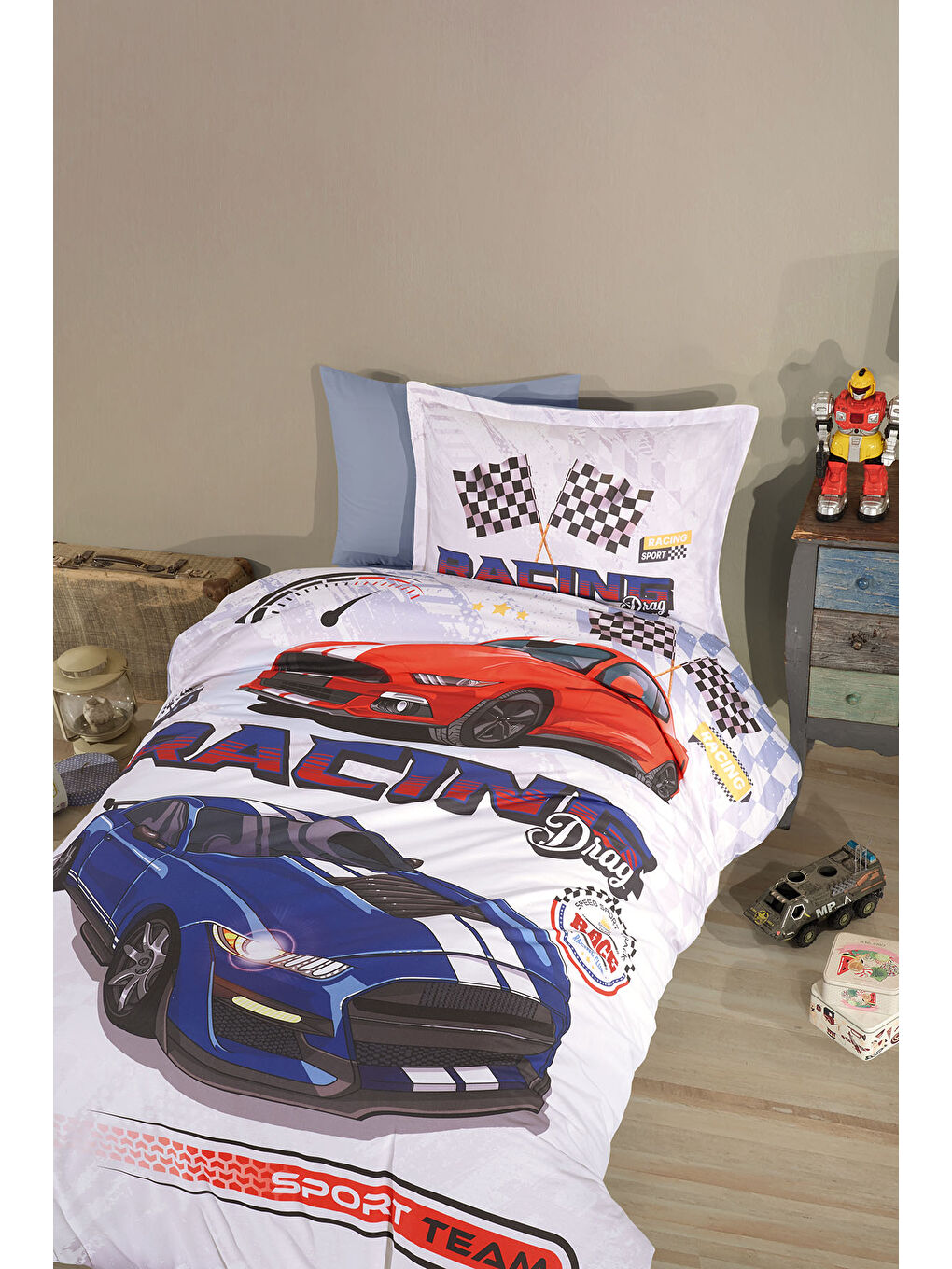 Mavi %100 Pamuk Nevresim Takımı Tek Kişilik Racing Drag-3