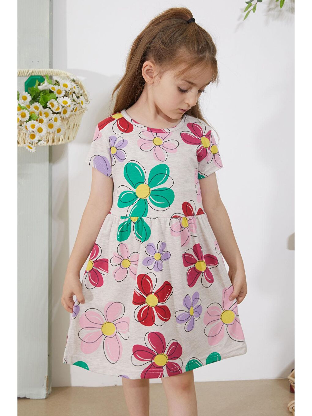 Ekru Krem Çiçek Baskılı Kısa Kollu Kız Çocuk Elbise 18797-1